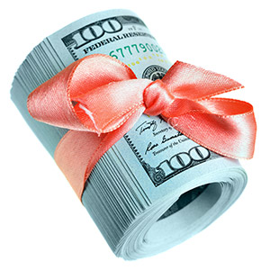 money roll in a ribbon- the cost of buying gifts